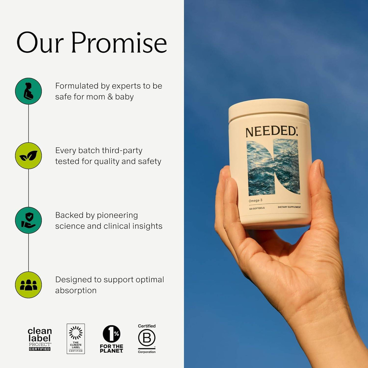 Hand holding Needed Omega-3 container, our promise graphic