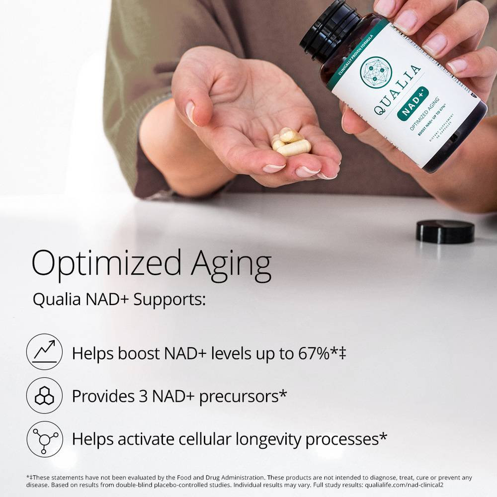 Capsules poured into a hand, Qualia NAD+ optimized aging benefits graphic