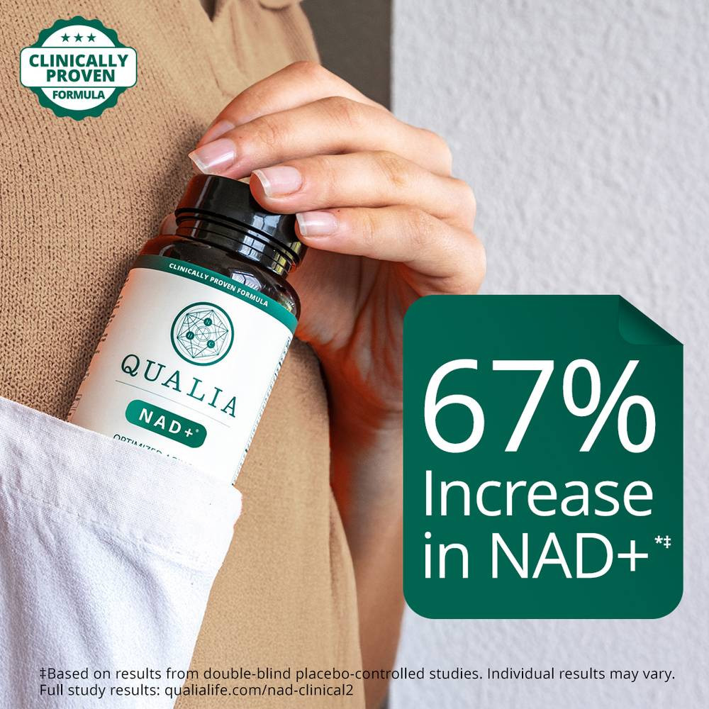 Hand taking the bottle from a pocket, 67% increase in NAD+ graphic