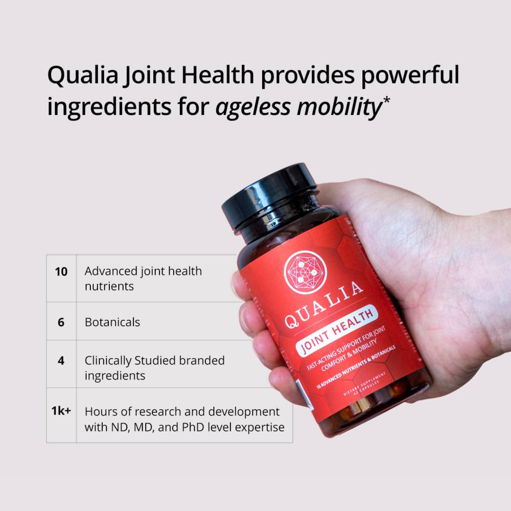 Hand holding a Qualia Joint Health bottle with ingredient and research highlights