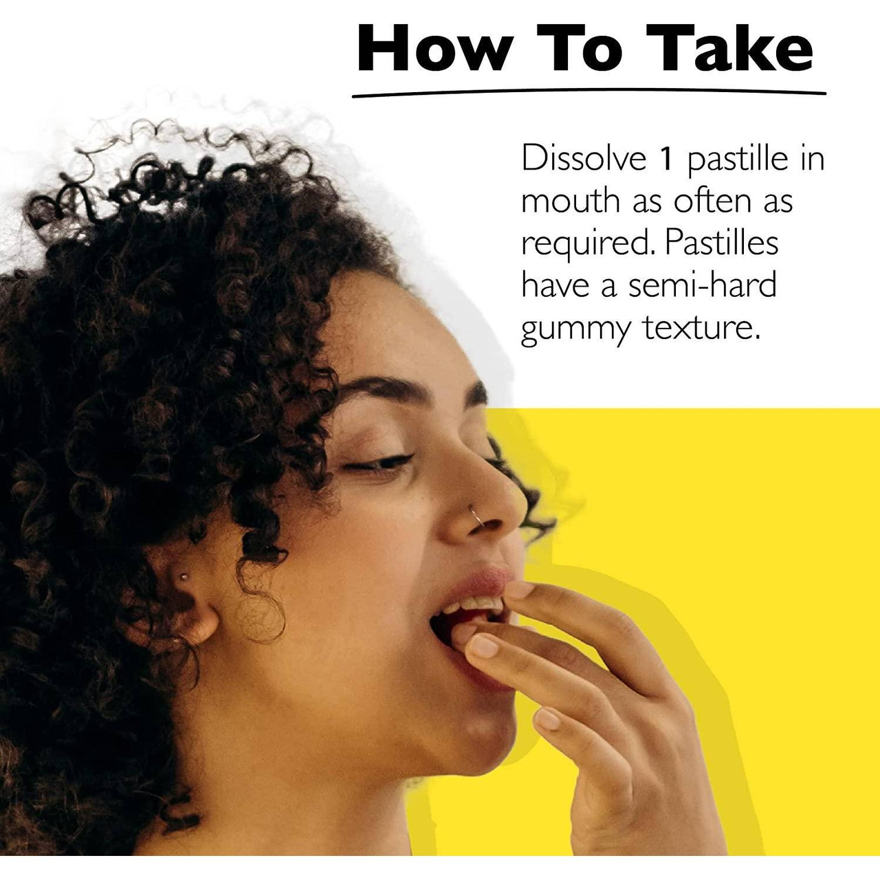 Woman taking Rescue Pastille, dissolve 1 as needed semi-hard gummy texture graphic