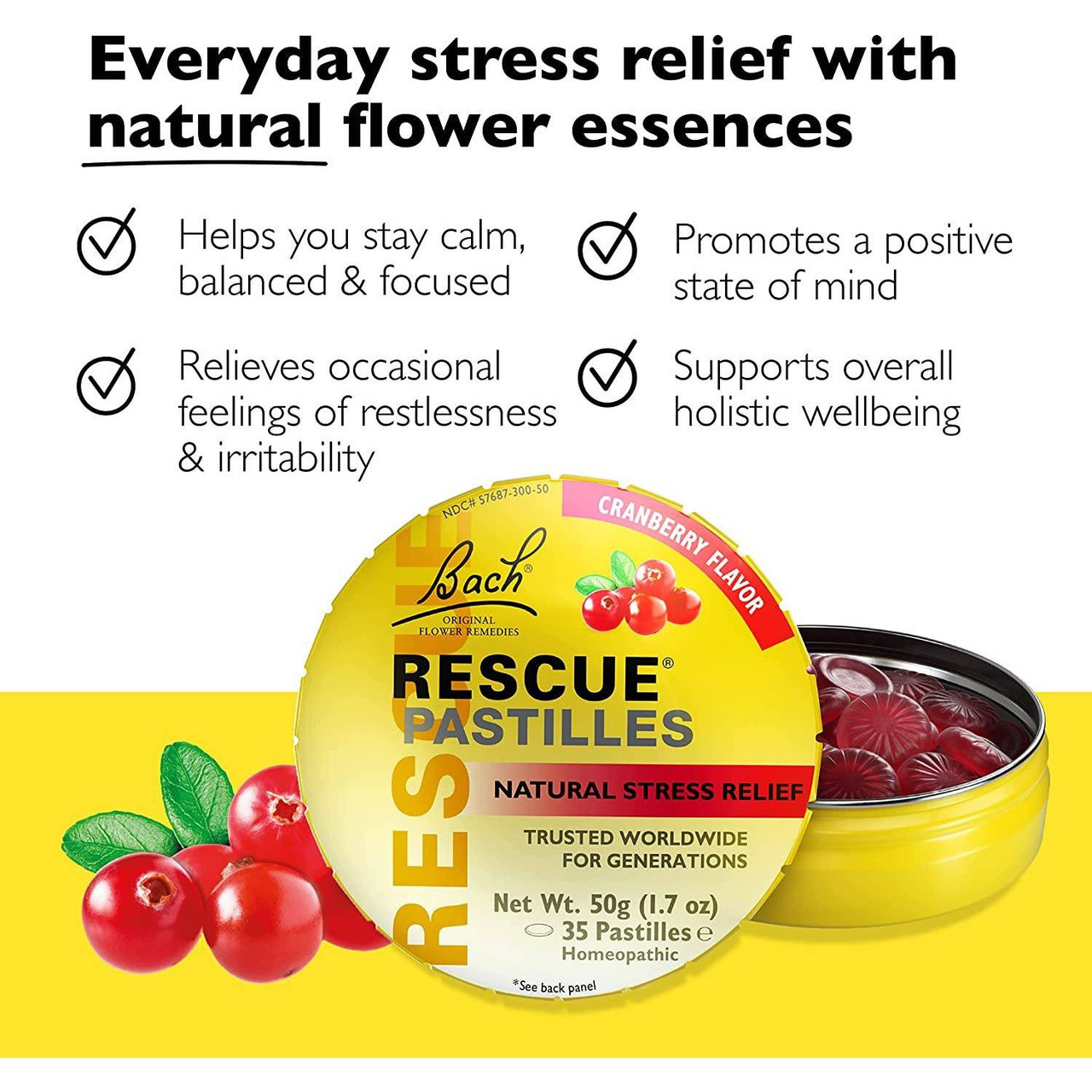 Rescue Pastilles Cranberry everyday stress relief calm focused positive mind graphic