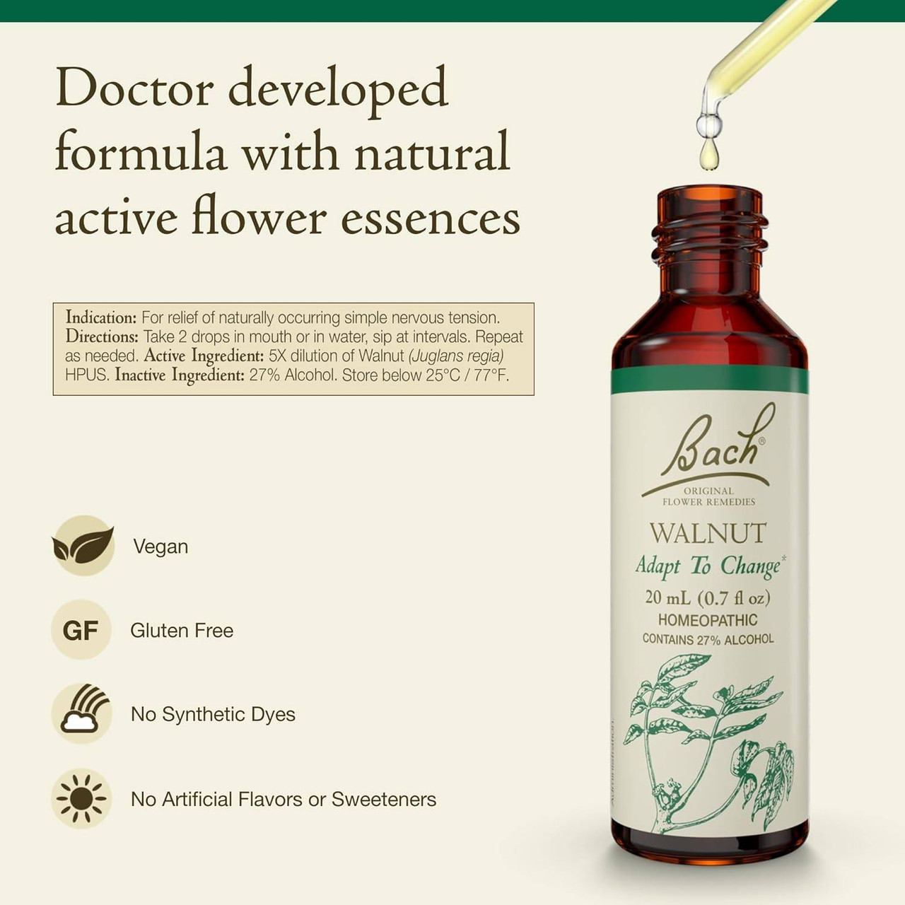 Walnut bottle with dropper, natural active flower essences graphic with vegan and gluten free icons