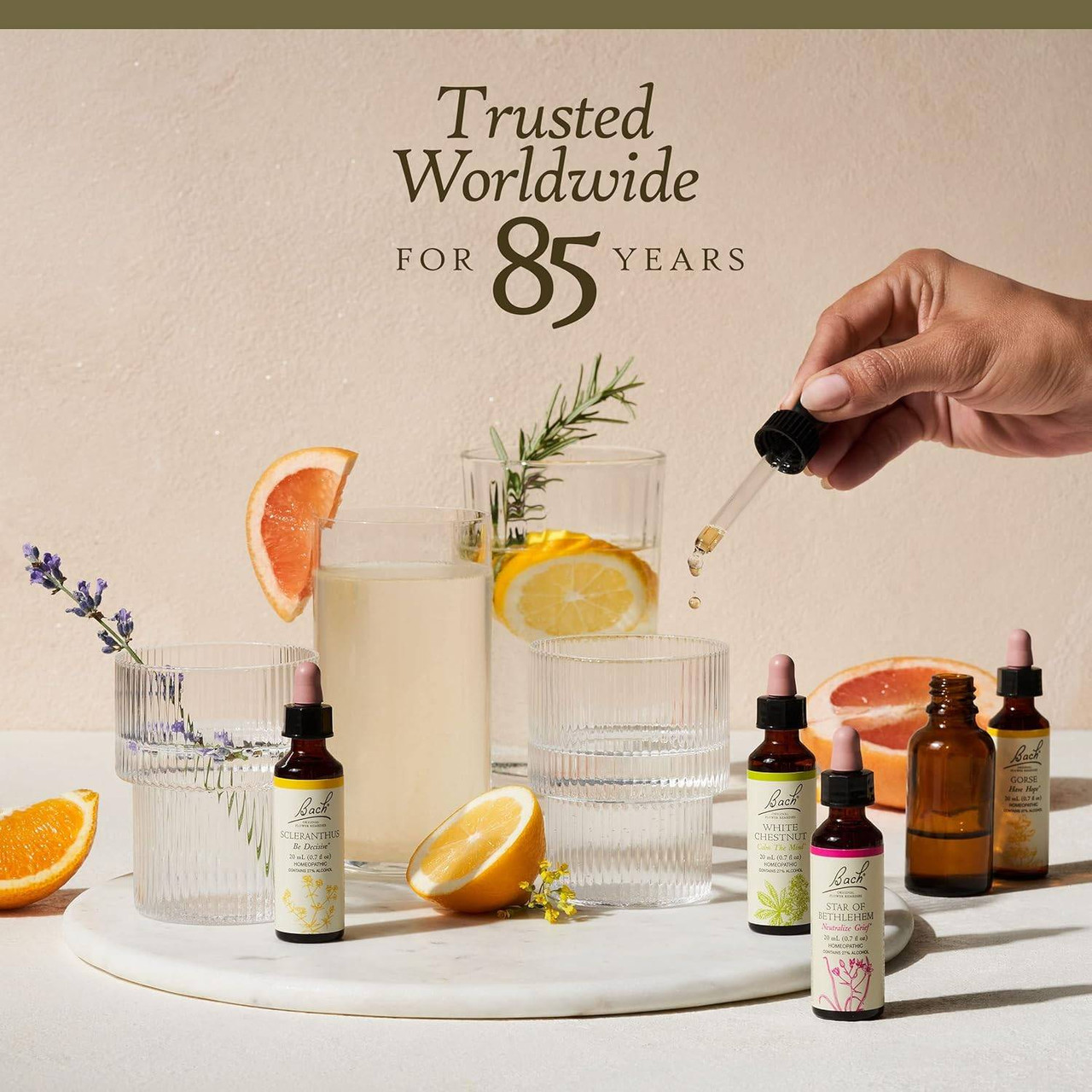 Trusted worldwide for 85 years, Bach bottles with citrus water and dropper graphic