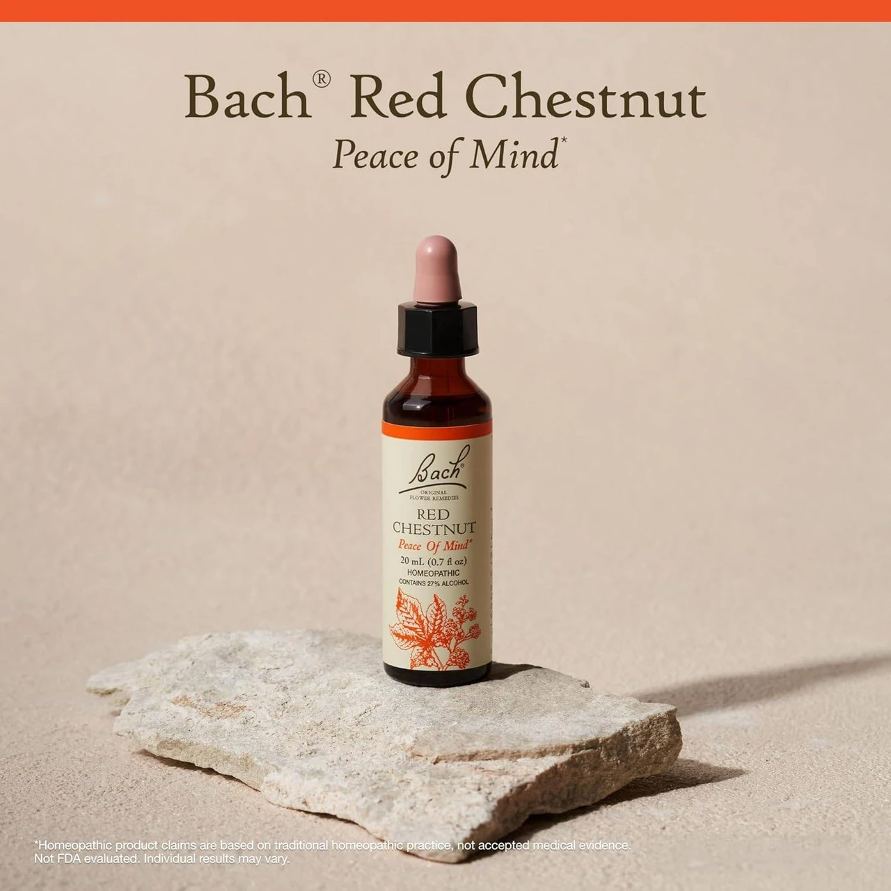 Bach Red Chestnut bottle on stone Peace of Mind lifestyle product shot