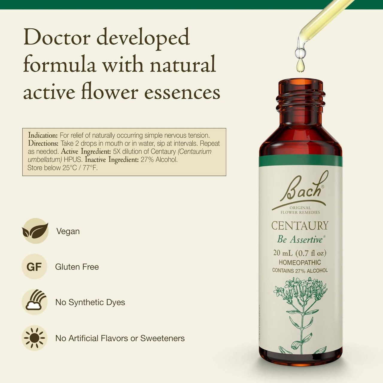 Doctor developed formula with natural active flower essences, Bach Centaury bottle with vegan and gluten free icons