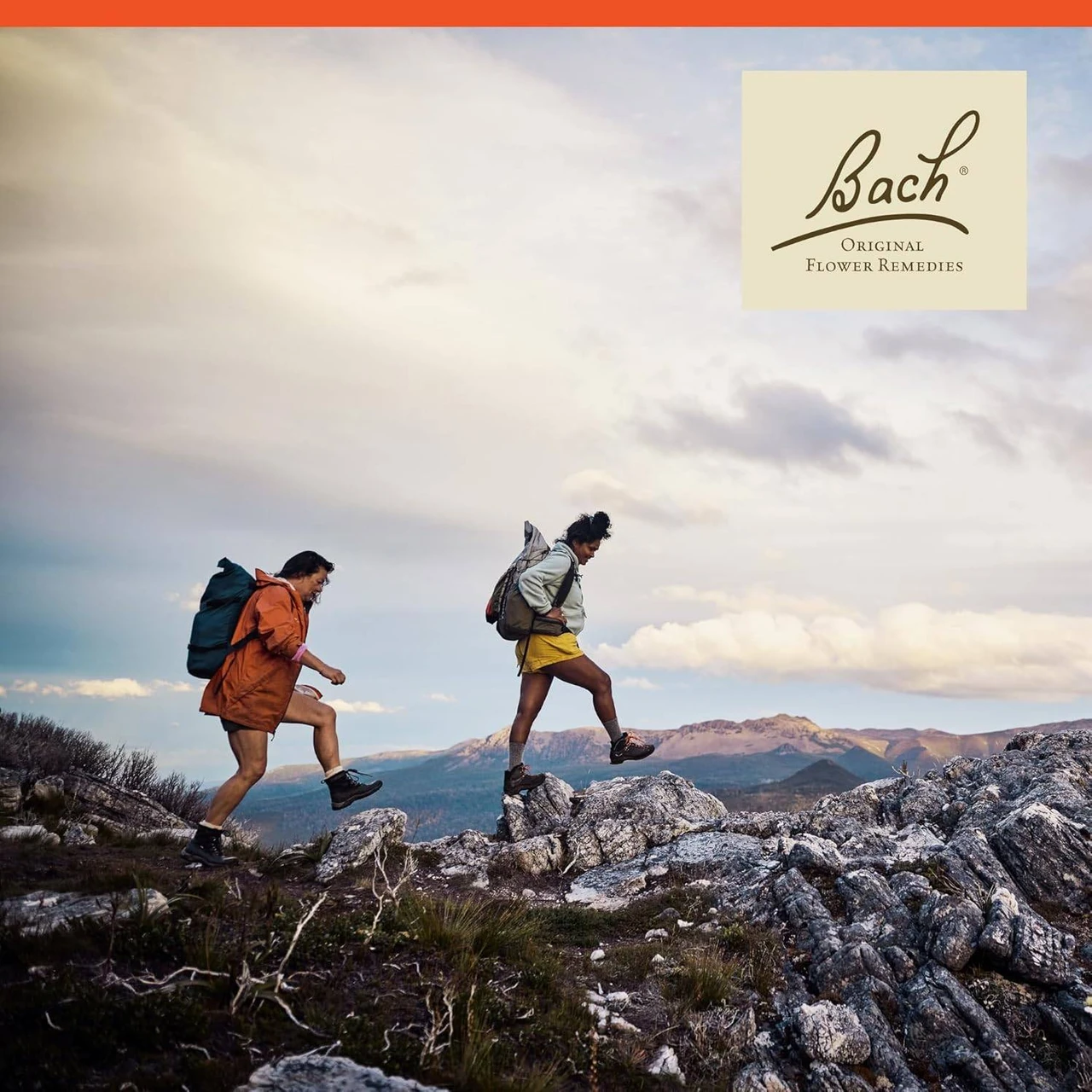 Two hikers crossing a rocky mountain ridge with Bach logo