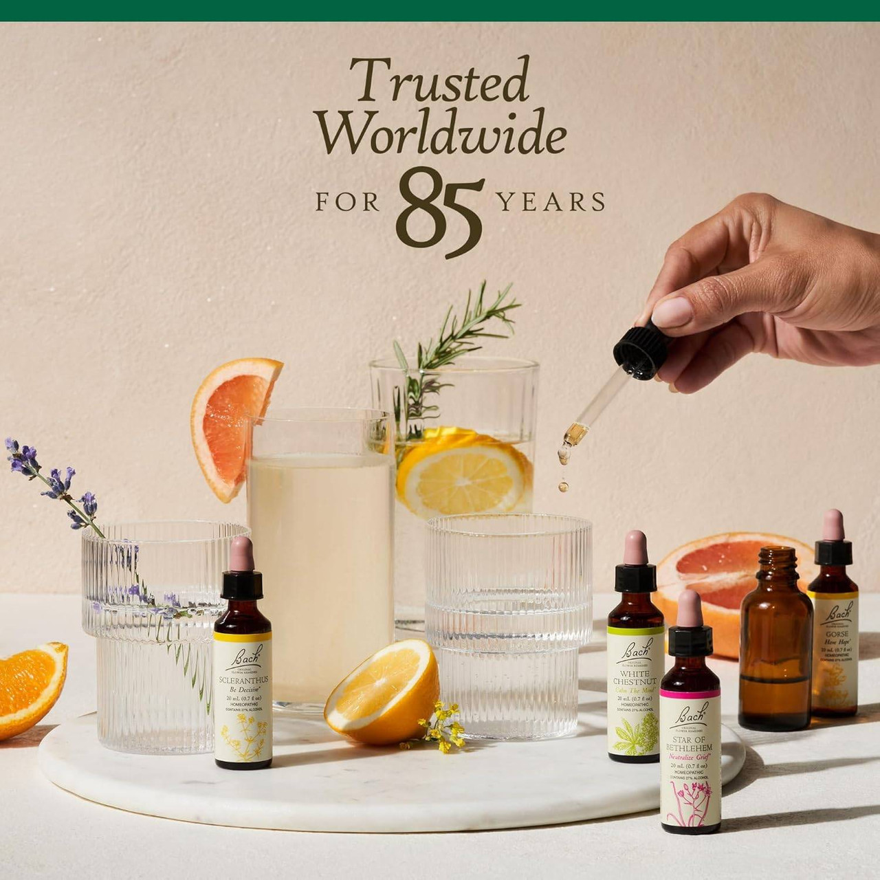 Trusted worldwide for 85 years, Bach bottles with citrus water and dropper graphic