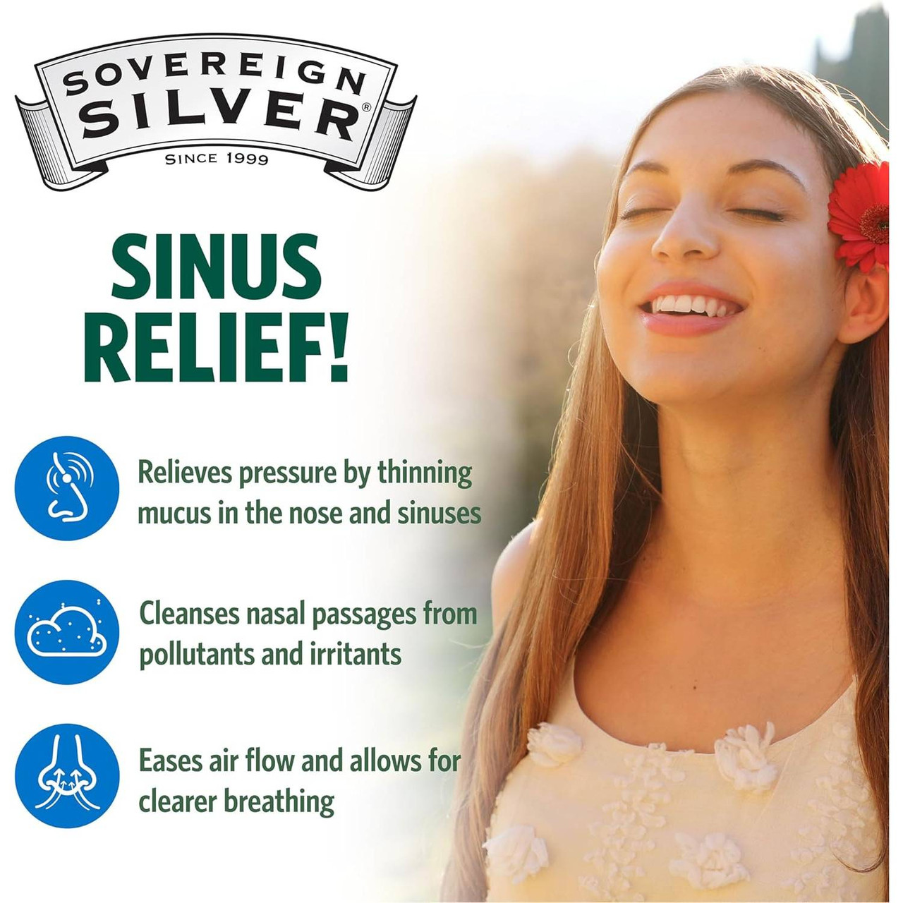 Woman smiling outdoors, Sovereign Silver Sinus Relief nasal spray benefits graphic