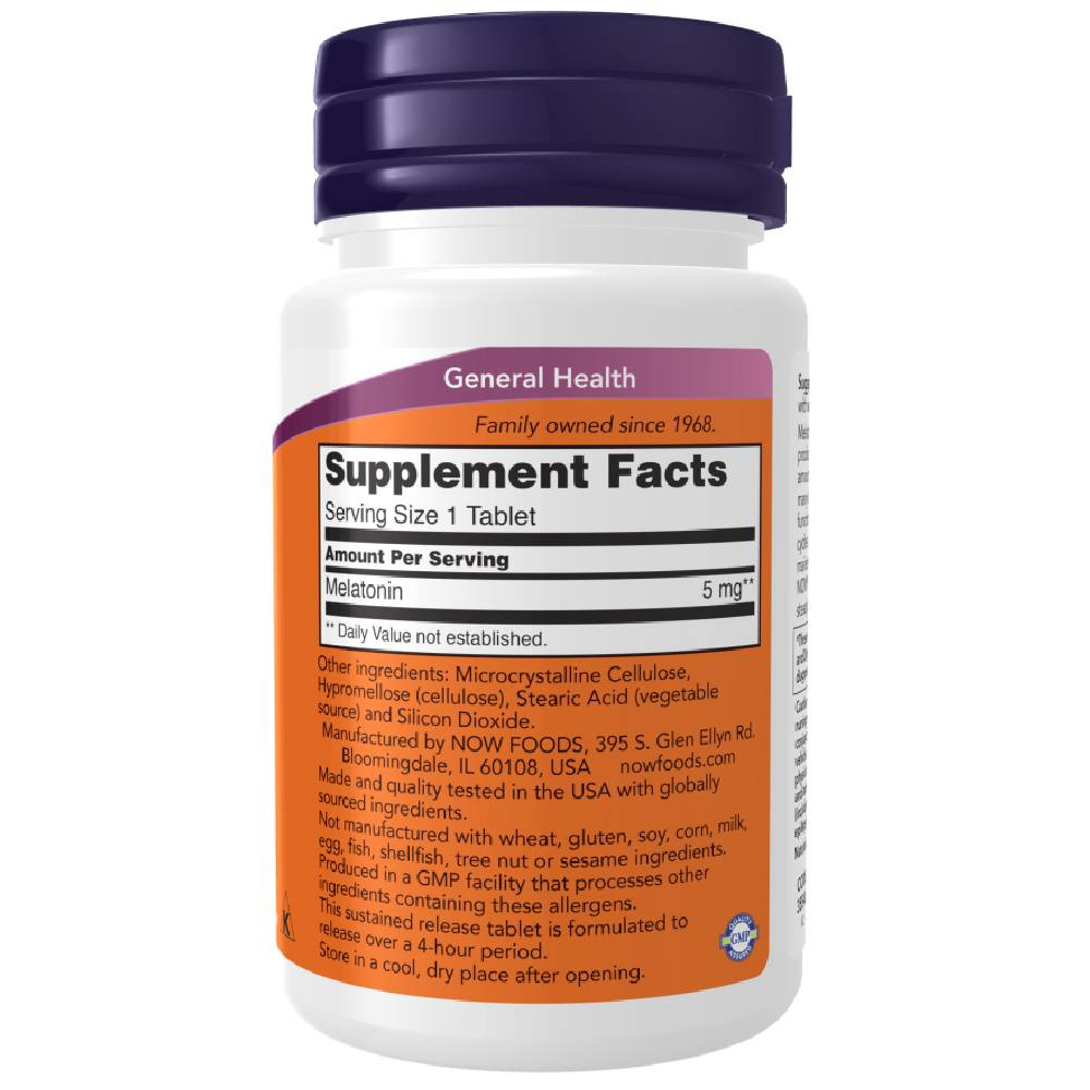 NOW Melatonin 5 mg sustained release supplement facts panel
