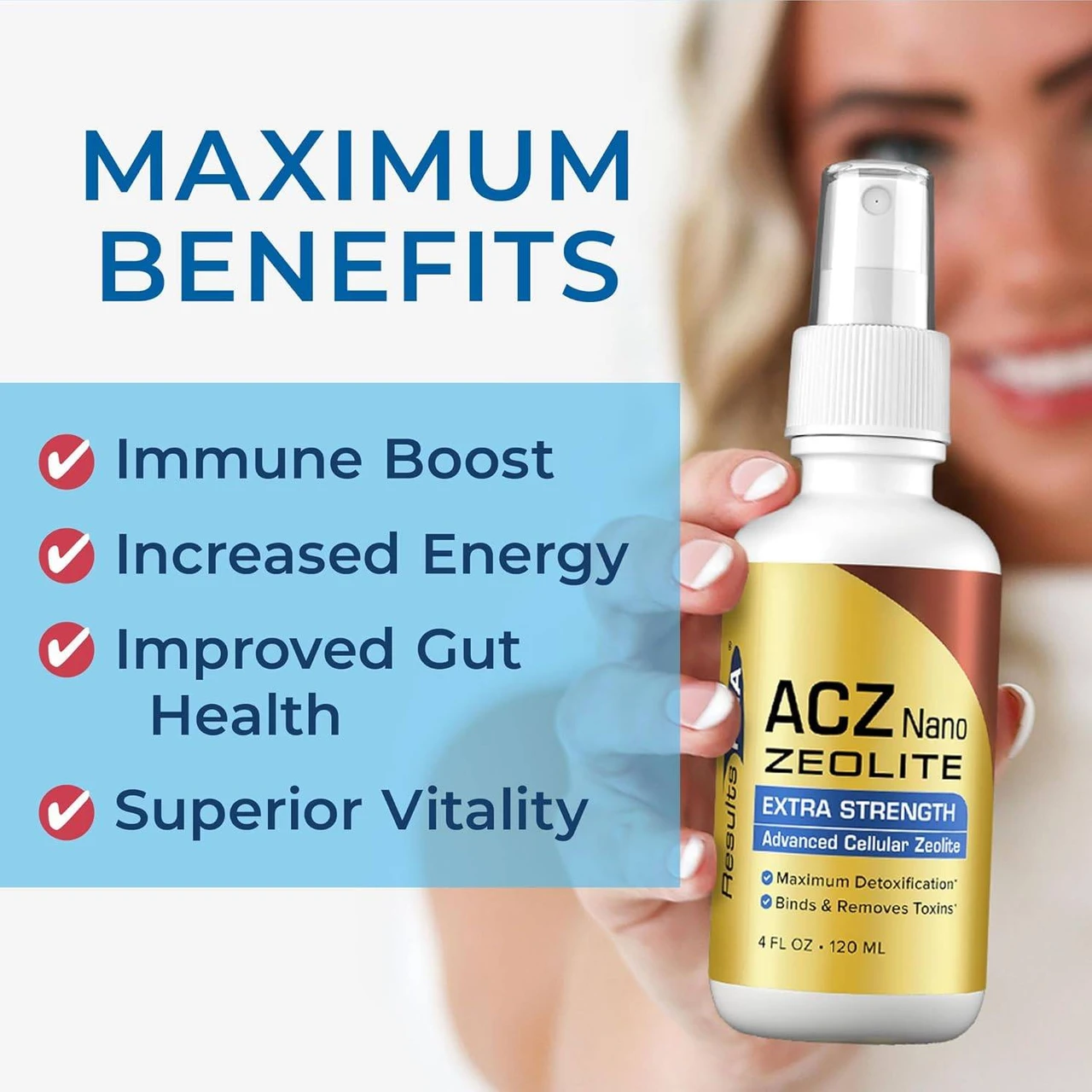 Woman holding an ACZ Nano Zeolite spray bottle with benefit list