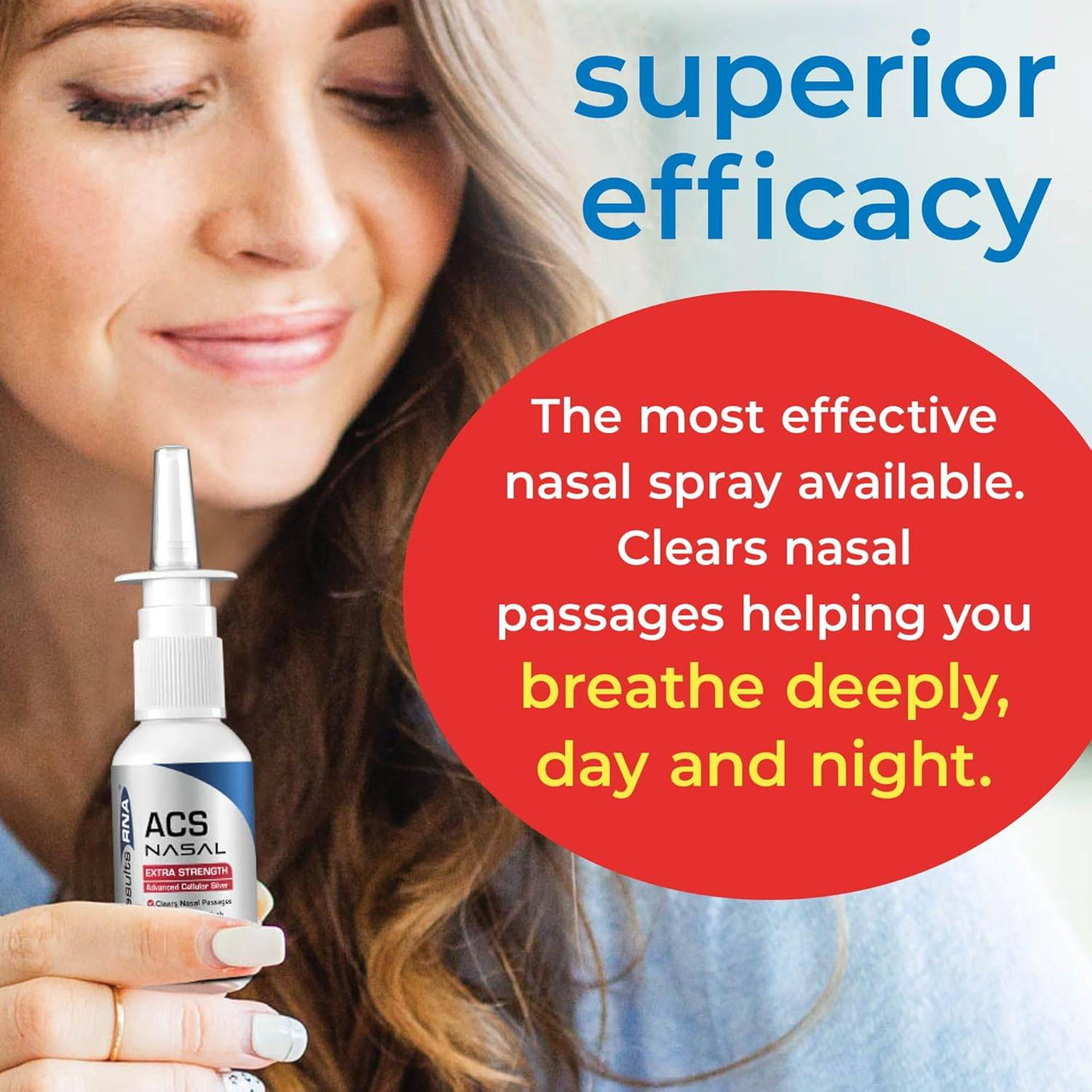 Woman using ACS Nasal spray, superior efficacy graphic