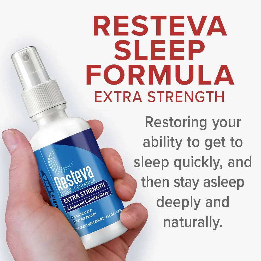 Hand holding Resteva Sleep spray, fall asleep stay asleep naturally graphic