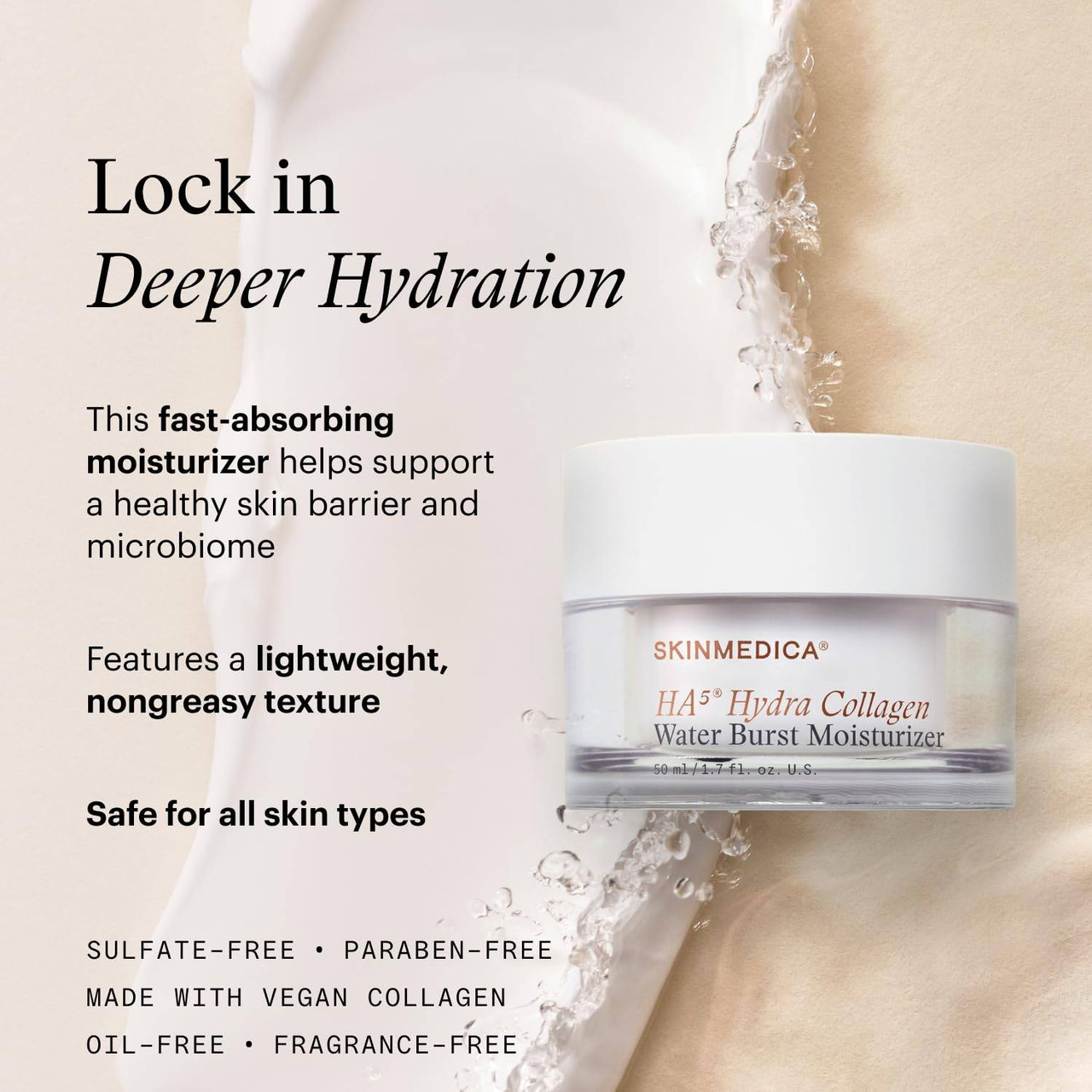 HA5 Hydra Collagen Water Burst Moisturizer jar with lightweight hydration callouts
