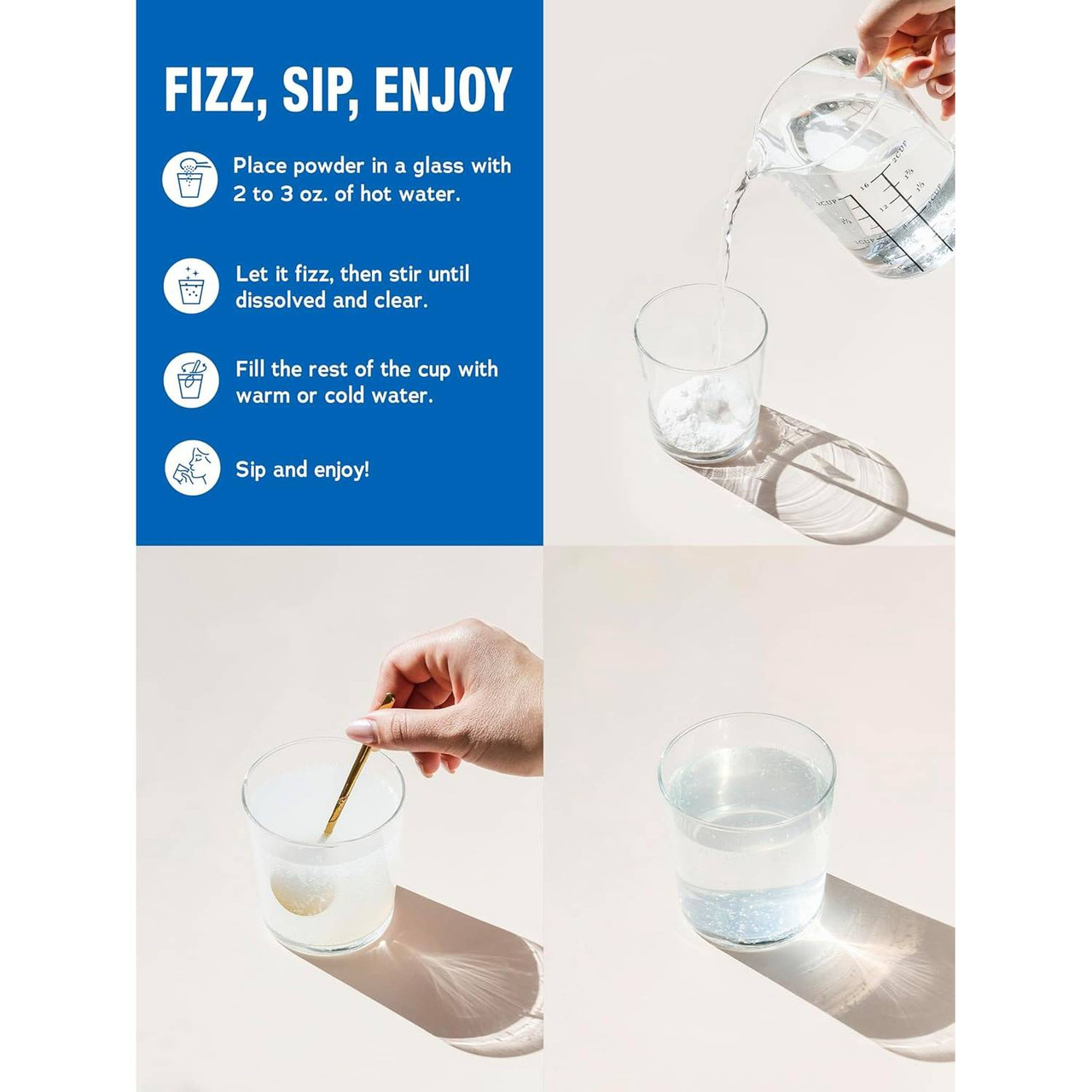 Fizz, sip, enjoy preparation steps with a glass of water and stirring