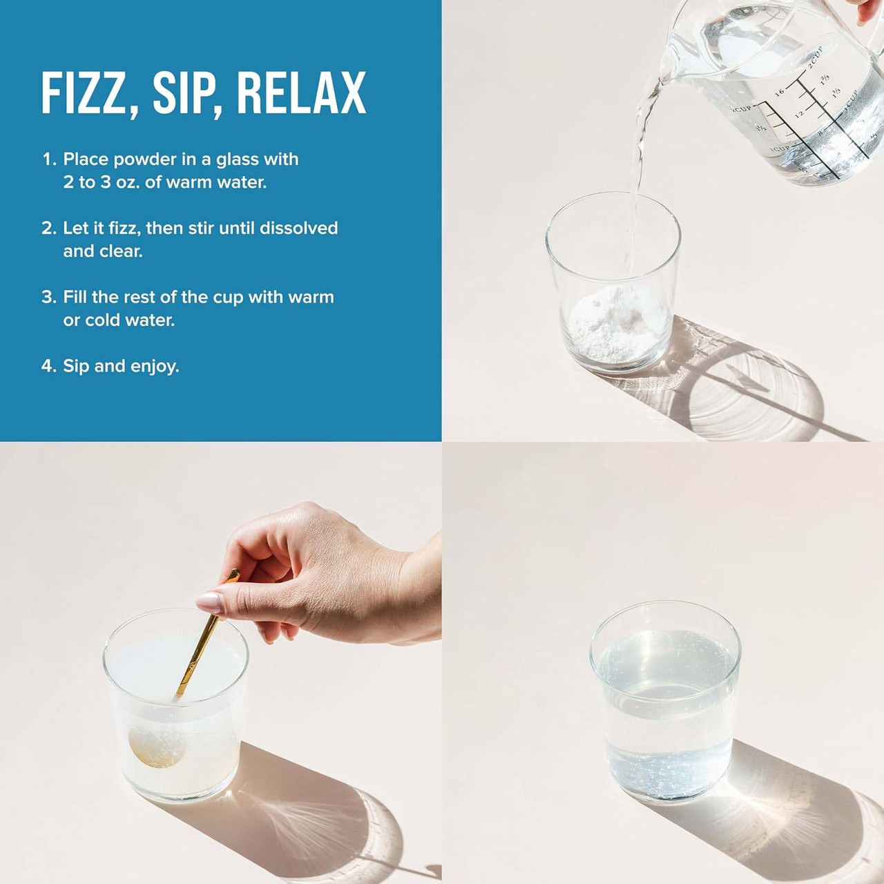 Fizz, sip, relax preparation steps with a glass of water