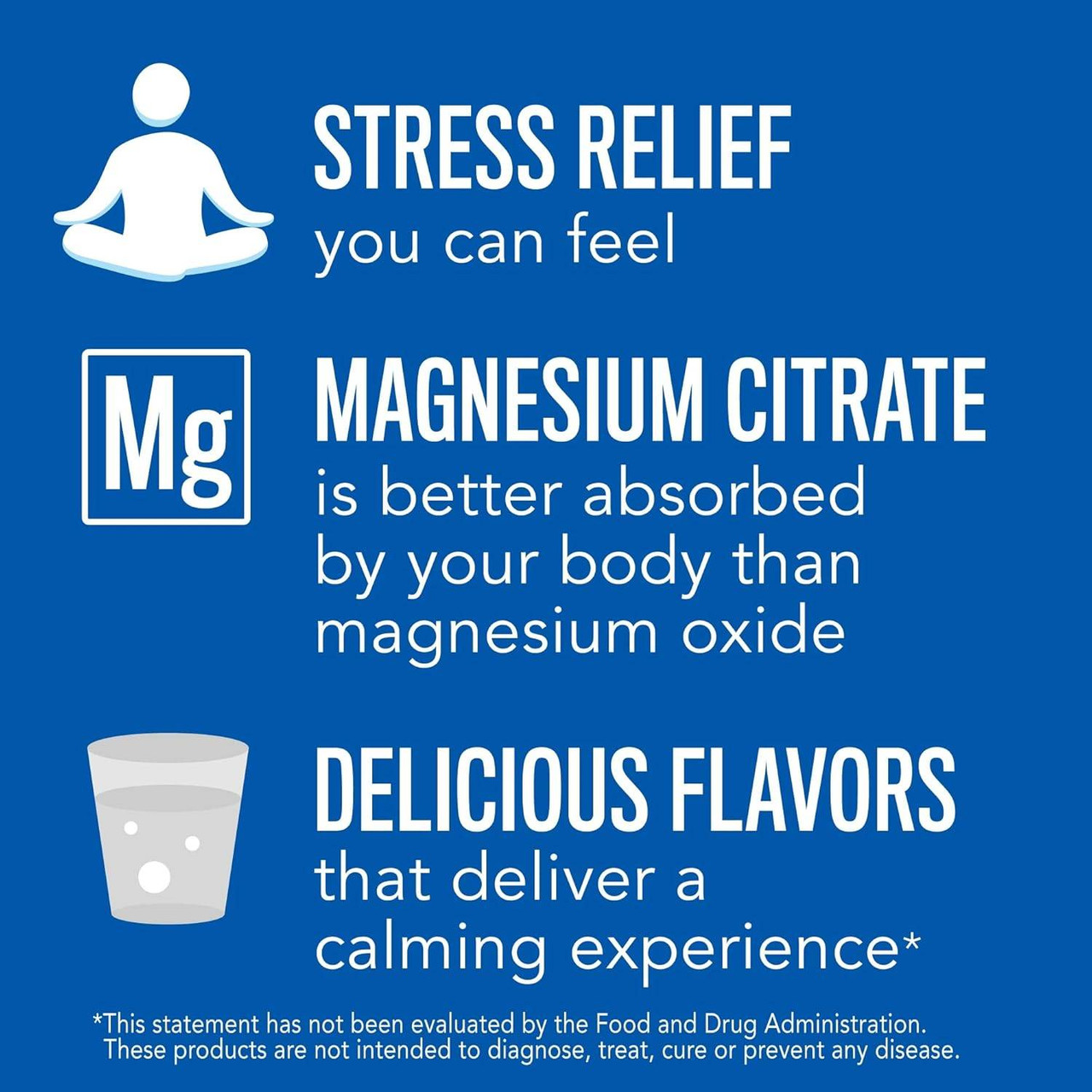 Stress relief, magnesium citrate and delicious flavors graphic