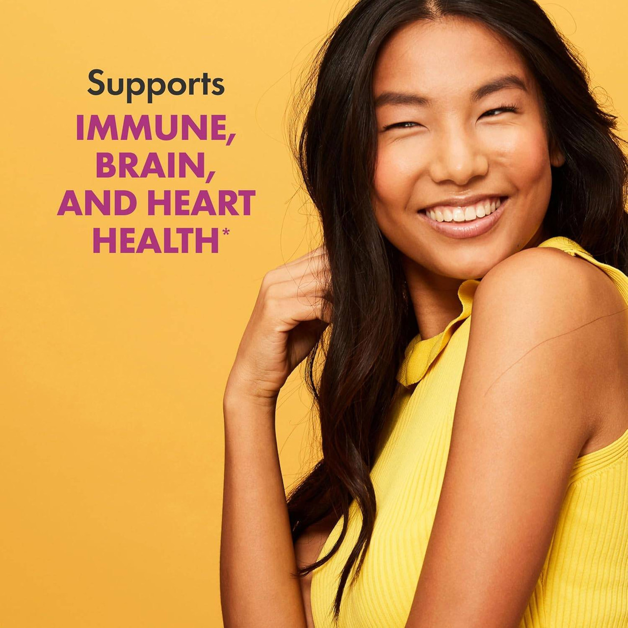 Smiling woman, Women's One supports immune brain and heart health graphic