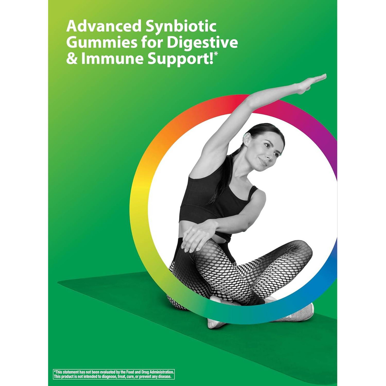 Woman sitting cross-legged smiling, Probiolicious digestive immune support graphic