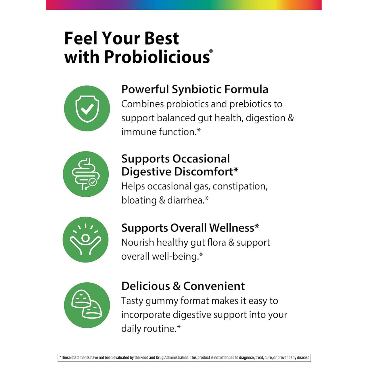 Probiolicious synbiotic gummies digestive comfort wellness benefits graphic