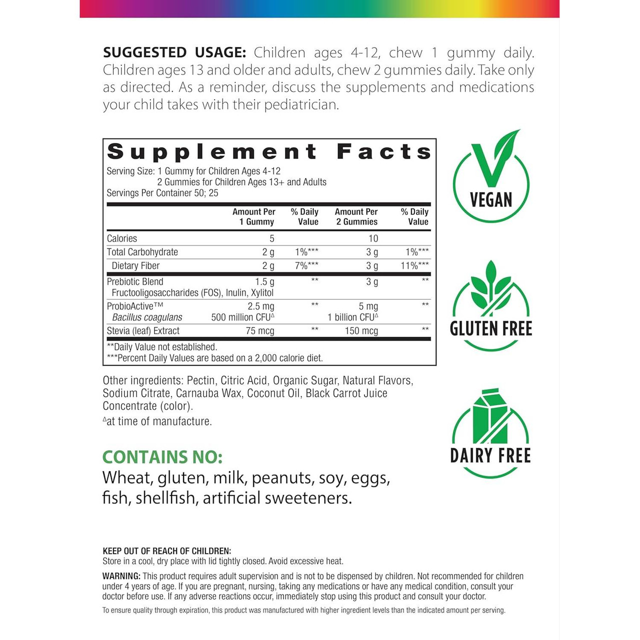 Probiolicious gummies supplement facts Bacillus coagulans vegan dairy-free panel