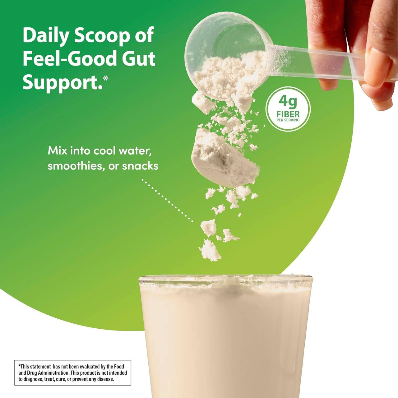 Scoop of probiotic powder into drink 4g fiber daily gut support graphic