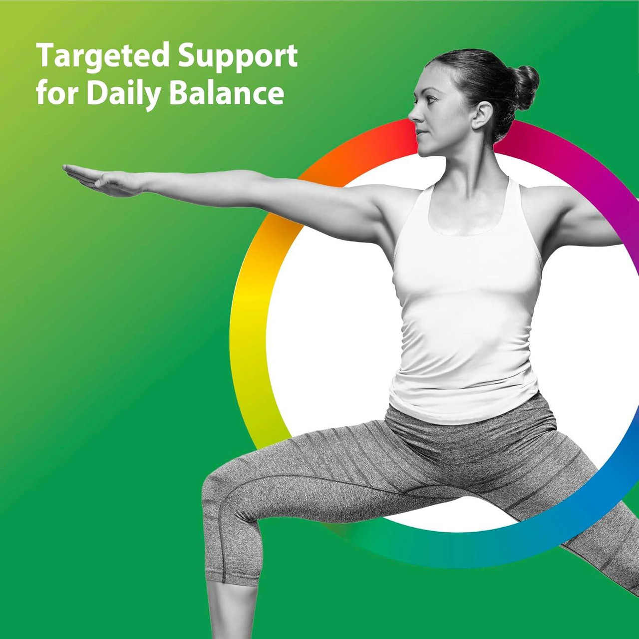 Woman in yoga pose, Organic Daily Probiotic targeted daily balance graphic