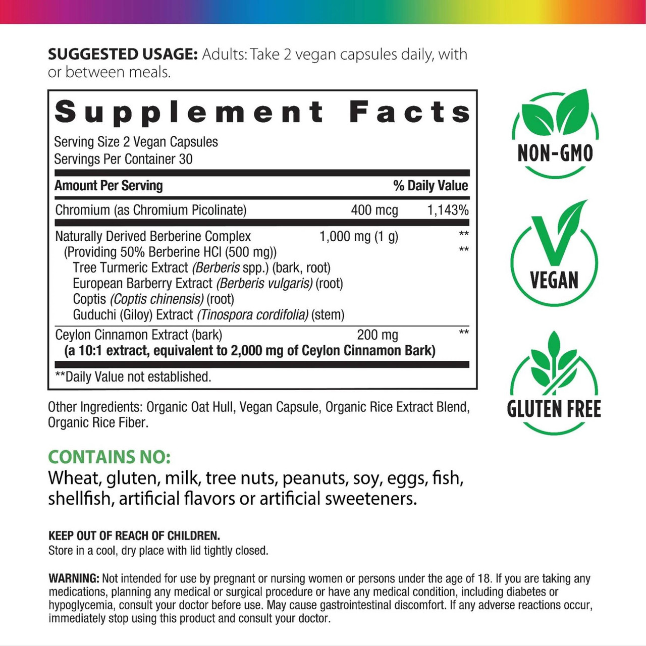 Berberine Complex supplement facts, 2 vegan capsule serving, with non-GMO, vegan and gluten free icons