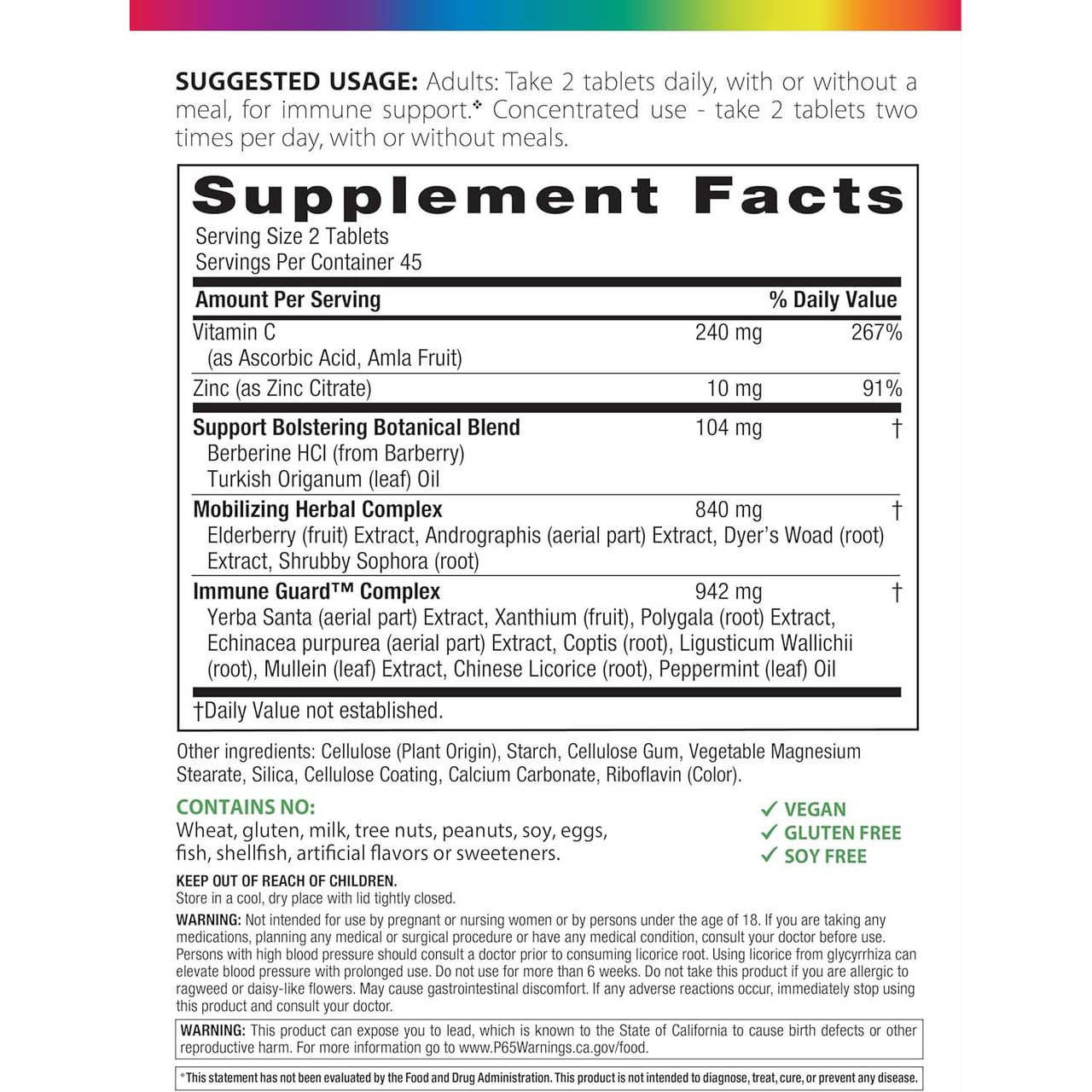 Counter Attack supplement facts Vitamin C Zinc botanical blends panel
