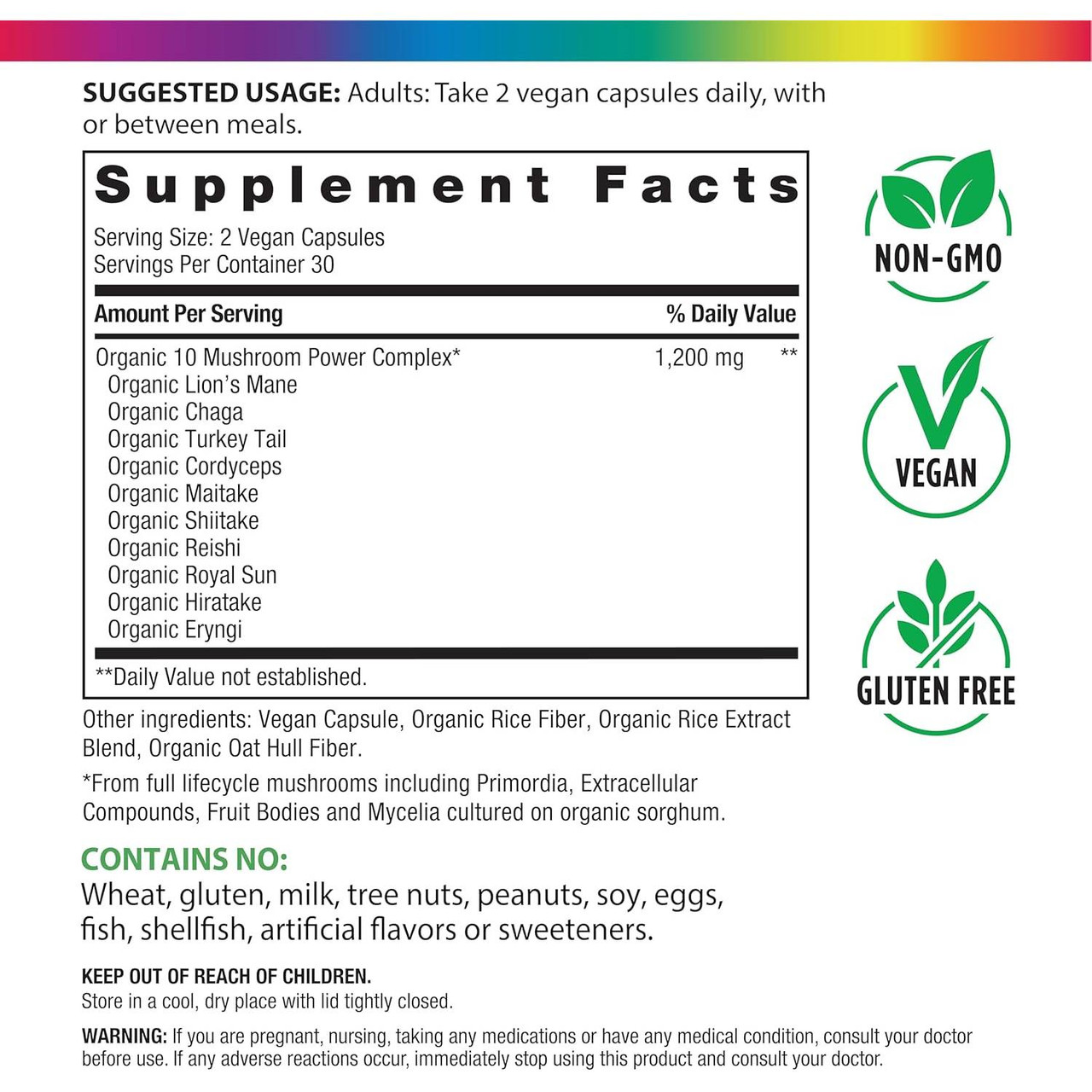 10 Mushroom Power Complex supplement facts Non-GMO vegan gluten-free panel