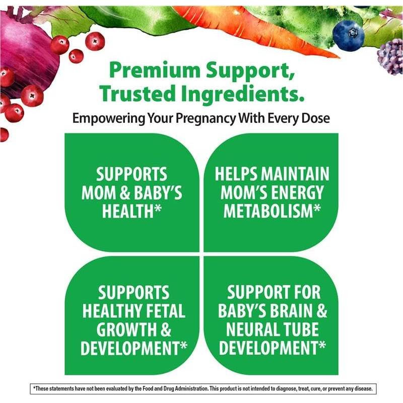 Rainbow Light Prenatal One premium support, trusted ingredients graphic with four benefit tiles