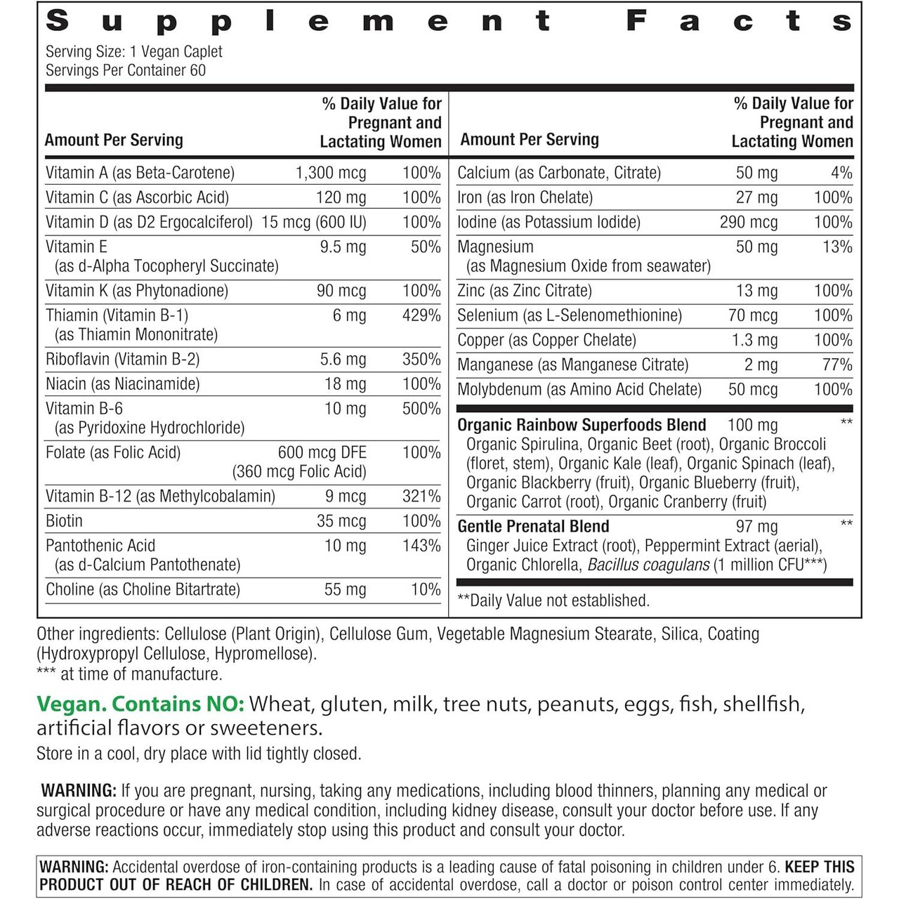 Prenatal One supplement facts for 60 caplet bottle