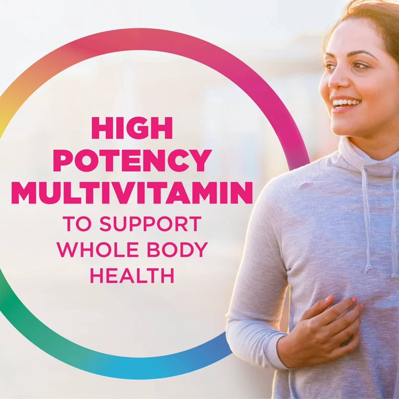 Smiling woman outdoors, Certified Women's high potency whole body health graphic