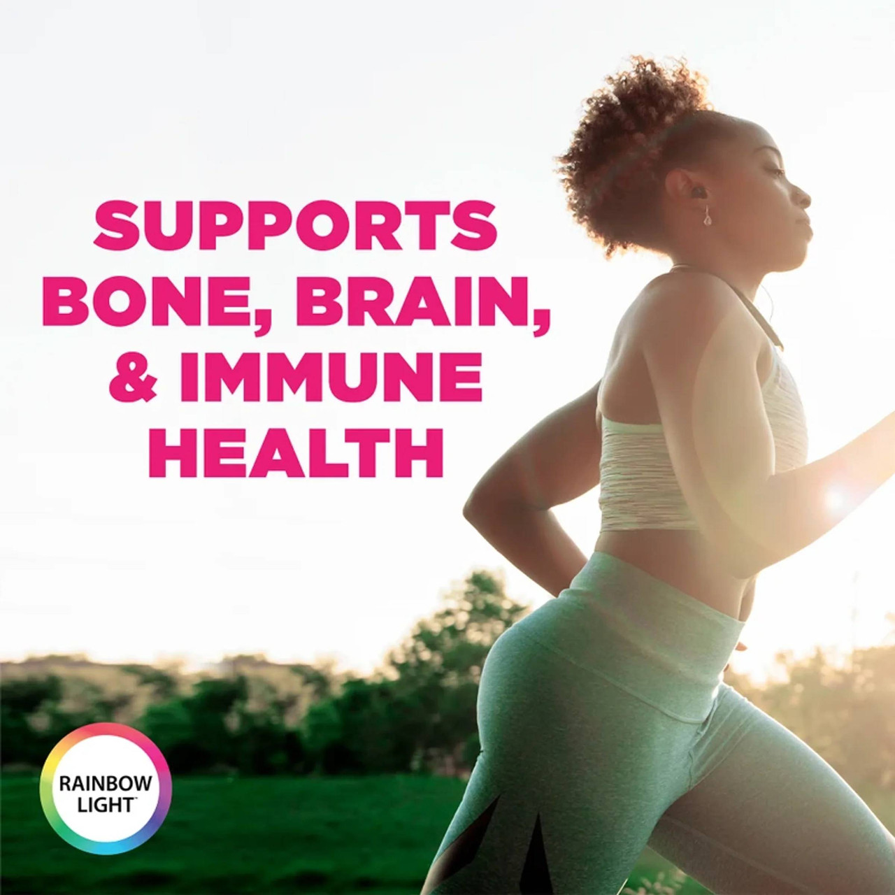Woman running at sunset, Certified Women's bone brain immune health graphic