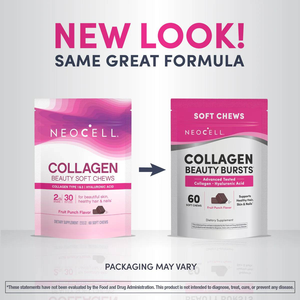 Collagen Beauty Bursts new look same formula pink to silver pouch graphic