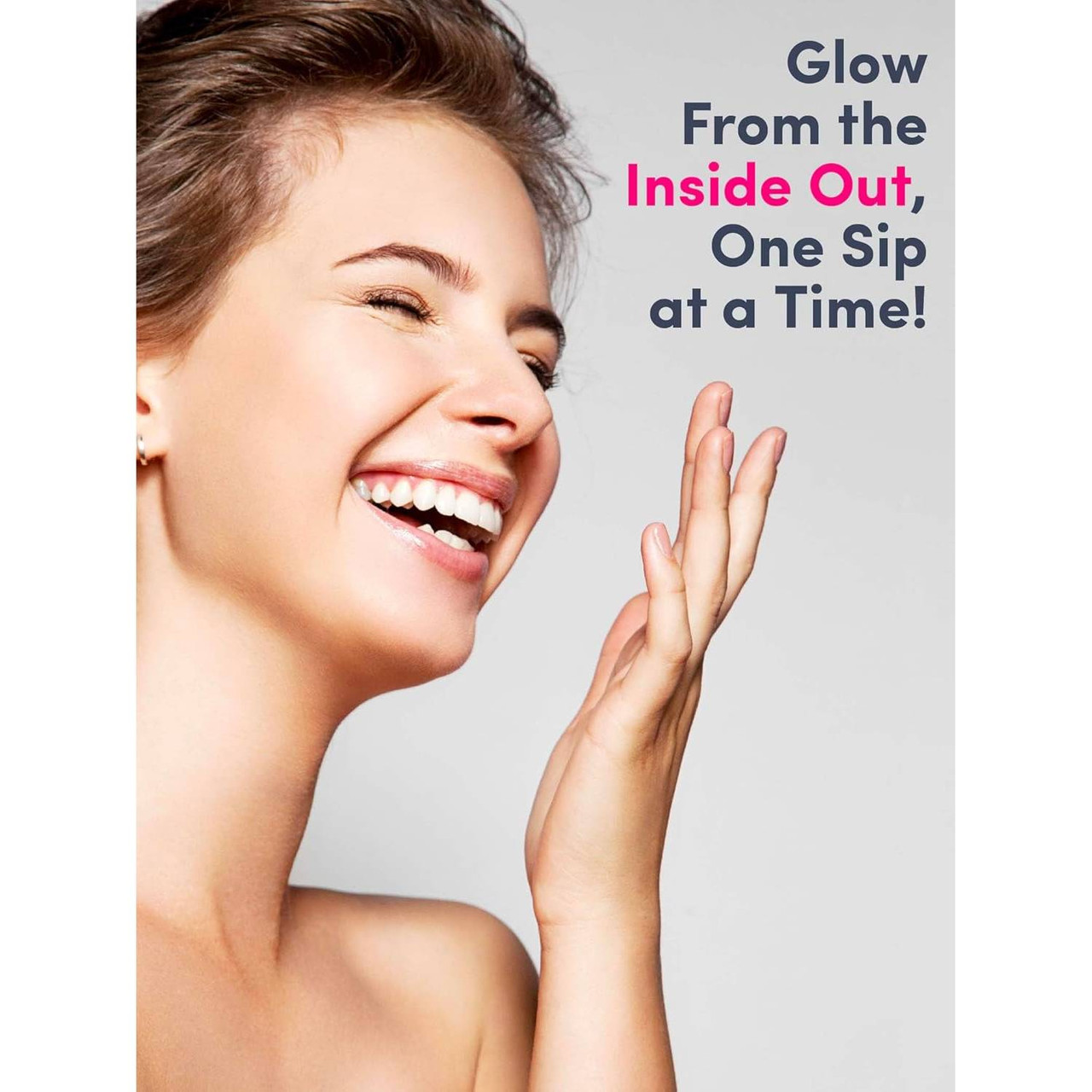 Laughing woman, glow from the inside out one sip at a time