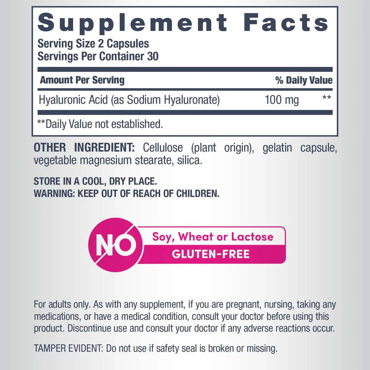 Hyaluronic Acid 100 mg supplement facts sodium hyaluronate gluten-free panel
