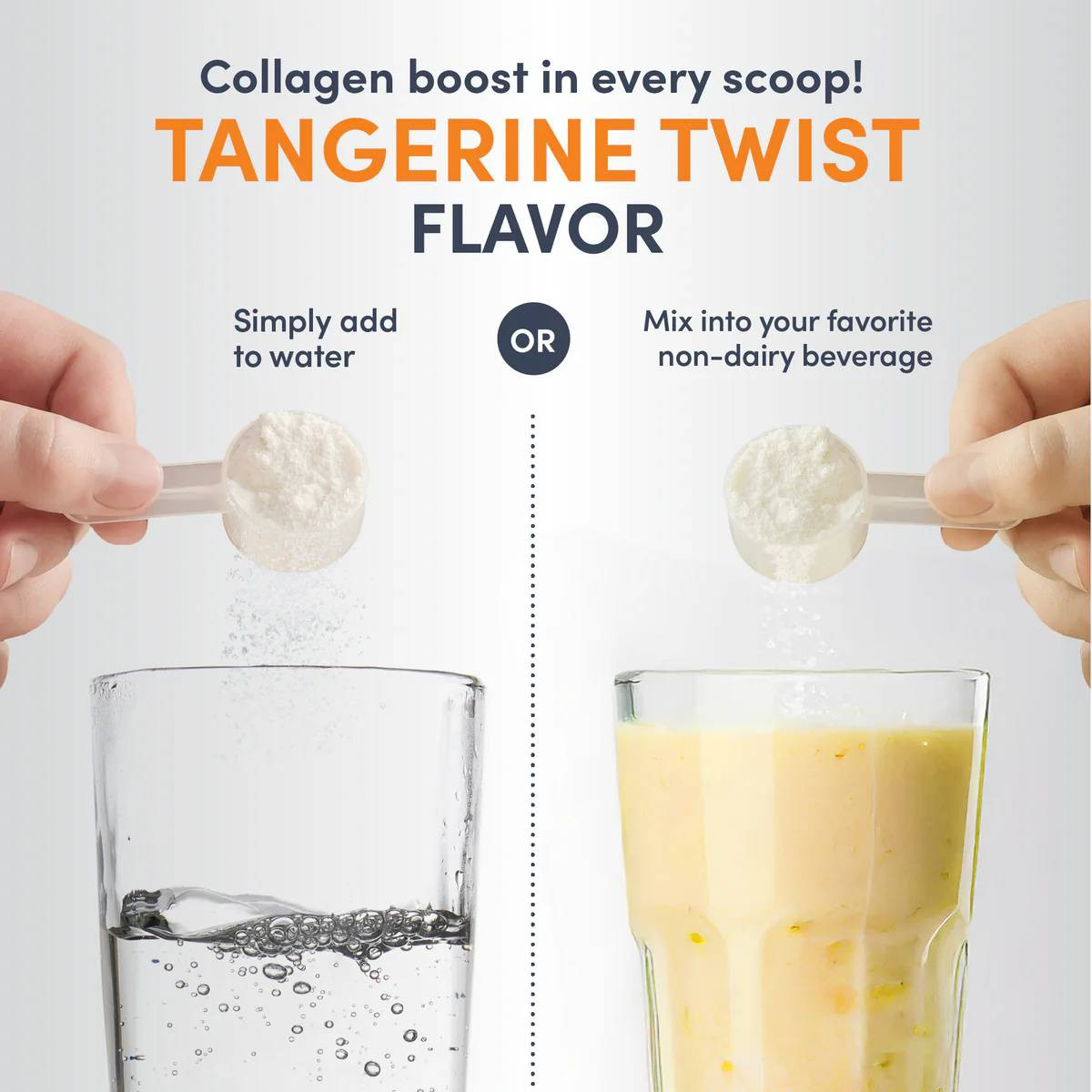 Beauty Infusion tangerine scoop into water or non-dairy beverage graphic