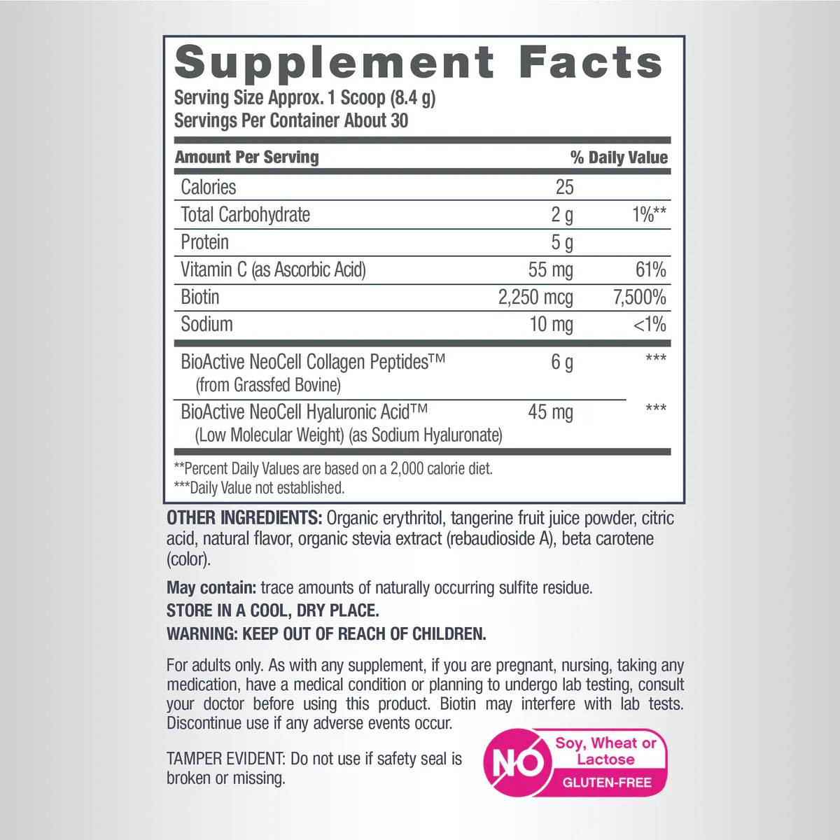 Beauty Infusion tangerine supplement facts collagen HA biotin panel