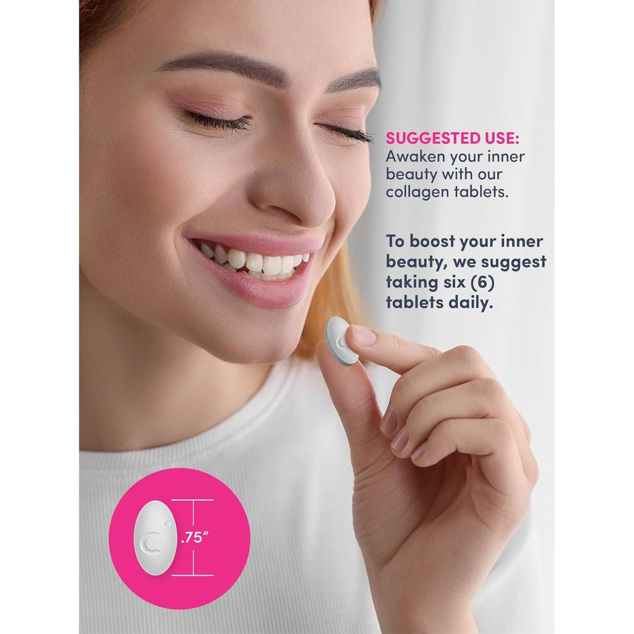 Woman taking tablet, Collagen plus C Biotin six tablets daily size graphic