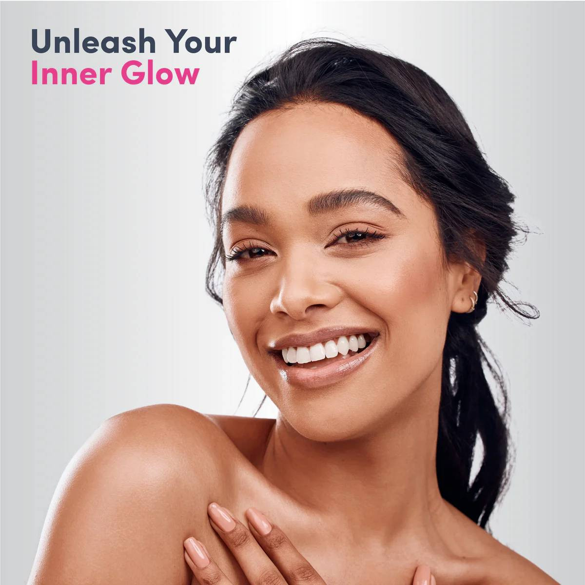 Smiling woman, unleash your inner glow graphic