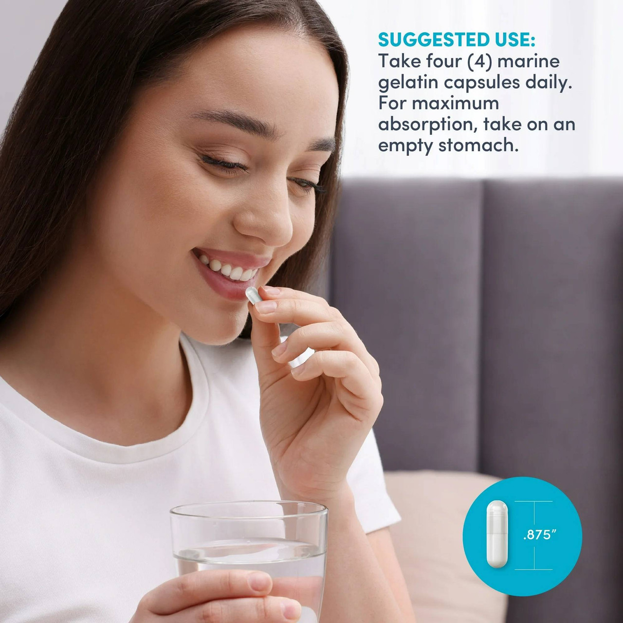 Woman with water and capsule, Marine Collagen four capsules daily size graphic