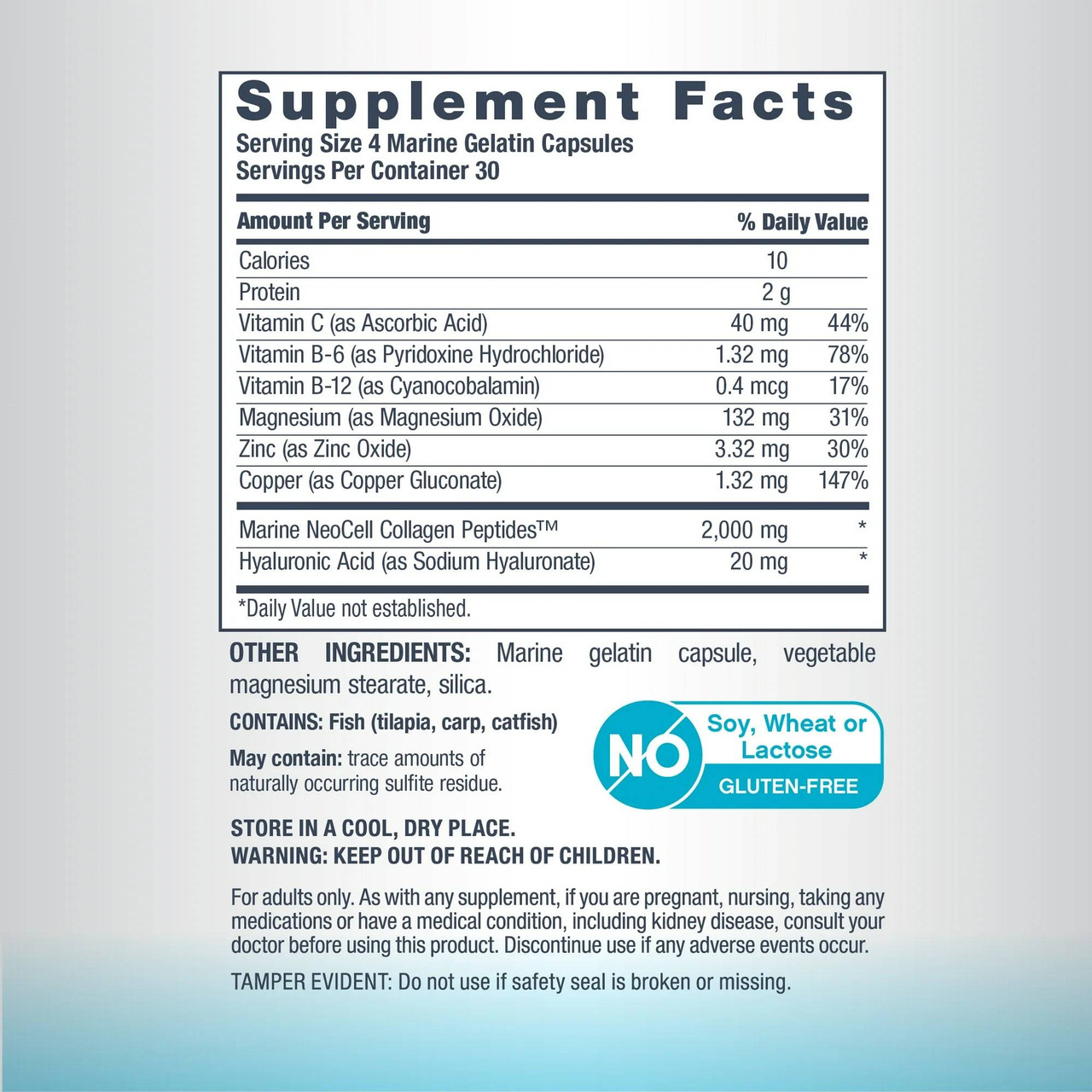 Marine Collagen capsules supplement facts 2000 mg collagen HA vitamins panel