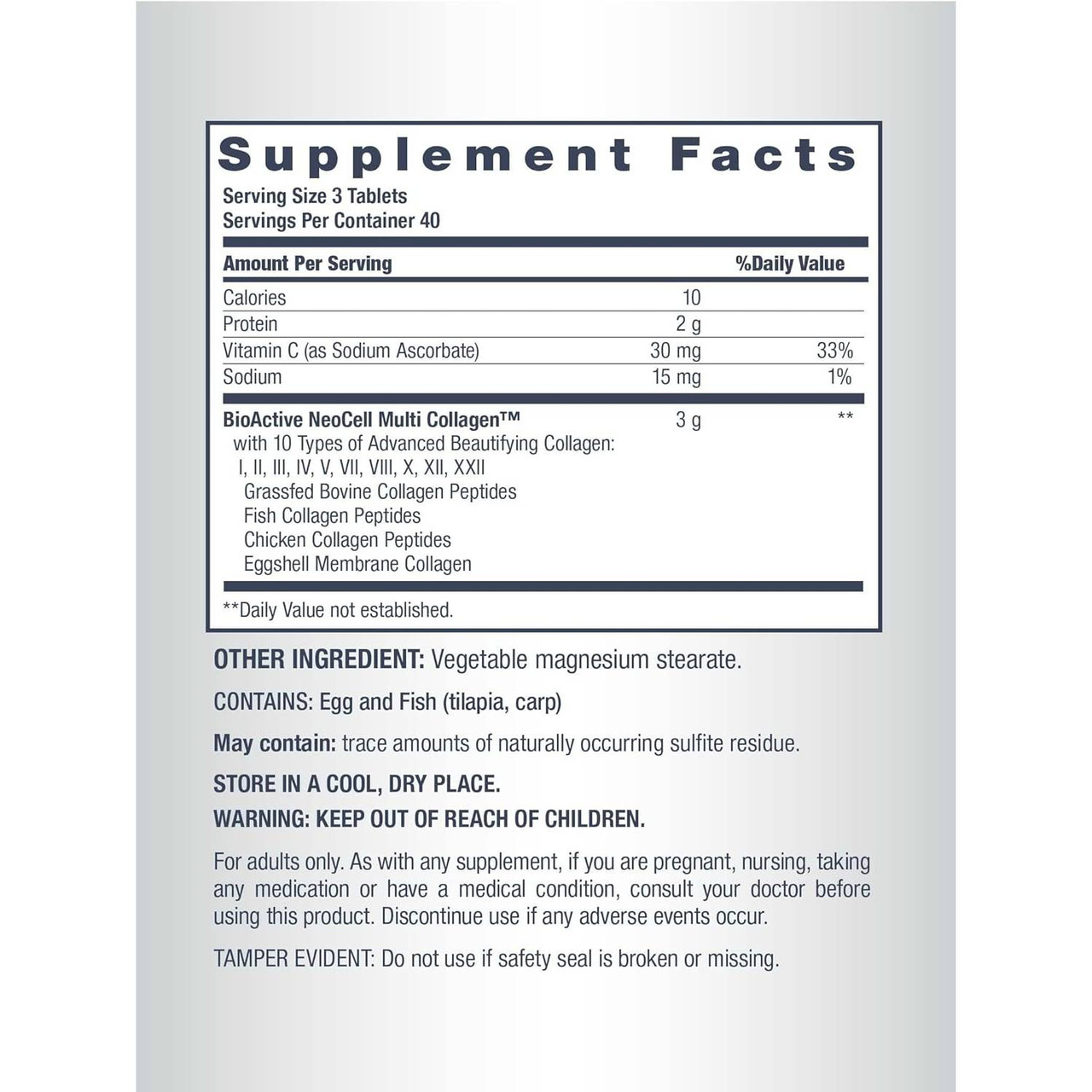 Multi Collagen supplement facts 3 g multi collagen egg fish allergens panel
