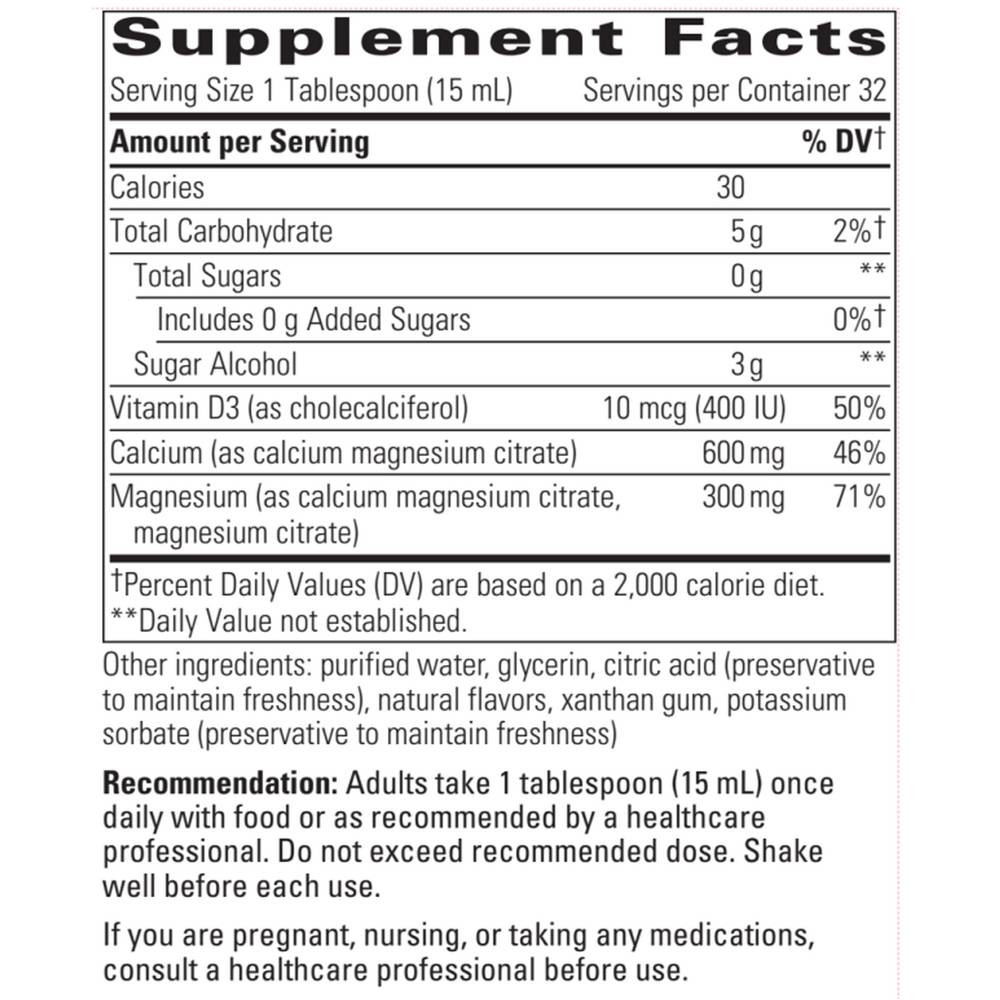 Liquid Calcium Magnesium supplement facts per tablespoon with recommendation