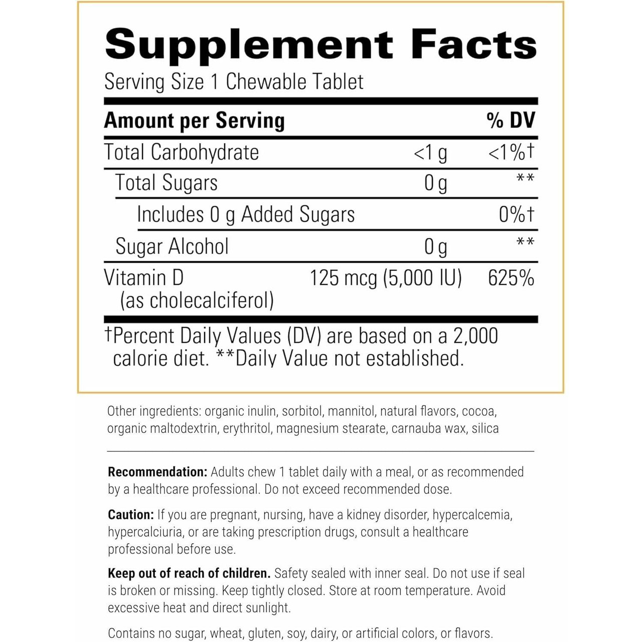 Vitamin D3 chewable supplement facts panel, 1 chewable tablet serving