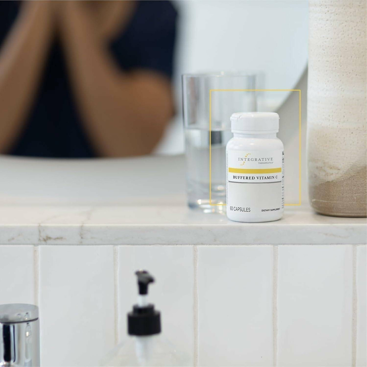 Buffered Vitamin C bottle on a bathroom counter