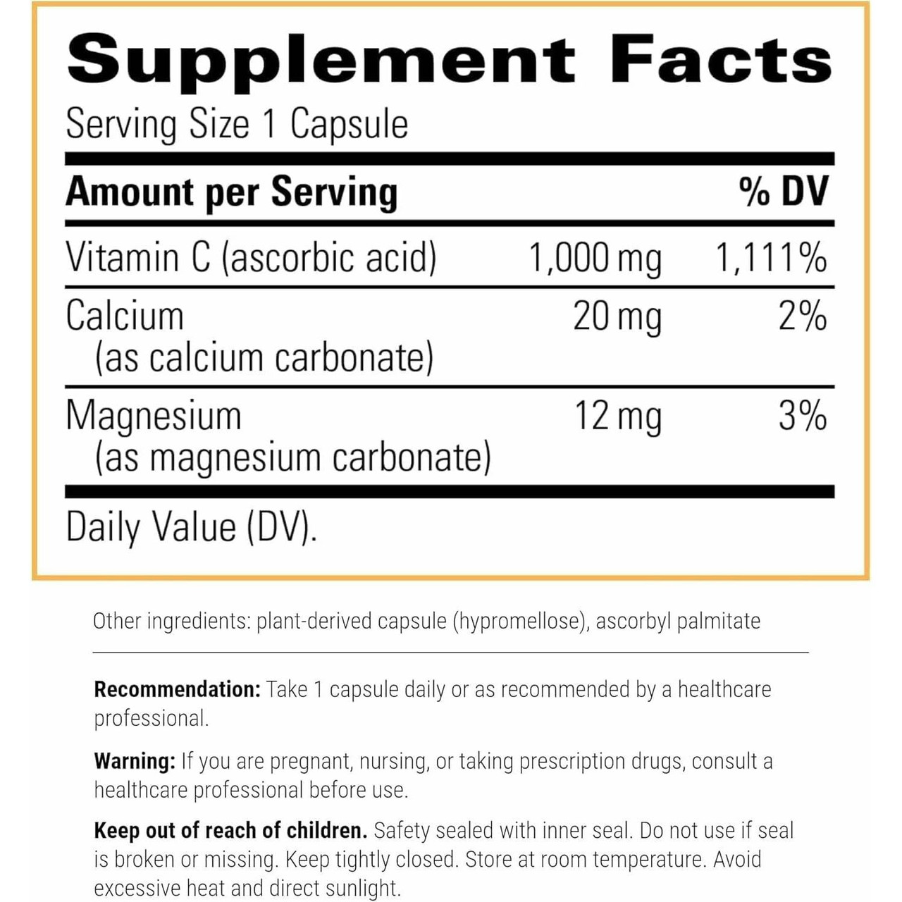 Buffered Vitamin C supplement facts, 1,000 mg vitamin C with calcium and magnesium per capsule