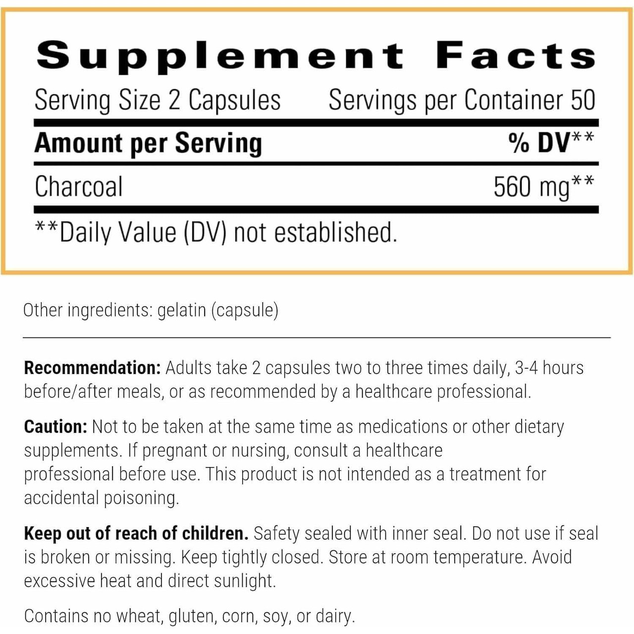 Activated Charcoal supplement facts 560 mg charcoal no wheat gluten dairy panel