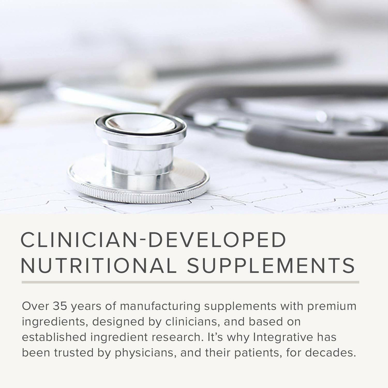 Stethoscope on a desk, clinician-developed supplements graphic